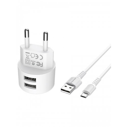 Блок питания Borofone BA23A 2 USB, 2400mA, белый, кабель micro USB
