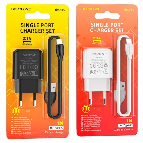 Блок питания сетевой 1 USB Borofone BA64A, 2100mA, кабель Type-C, 1.0 м, цвет: белый