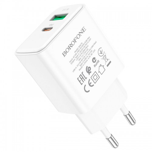 Блок питания сетевой 1 USB, Type-C Borofone BA67A, 3000mA, 20Вт, QC3.0, PD3.0, цвет: белый