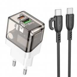 Блок питания сетевой 1 USB, Type-C Borofone BA80A, scenery, 5V, 3.0A, 20Вт, PD, QC, FCP, AFC, кабель Type-C-Type-C, цвет: чёрный, прозрачный