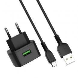 Блок питания сетевой 1 USB HOCO C70А, Cutting-edge, 3000mA, QC3.0, кабель микро USB, цвет: чёрный