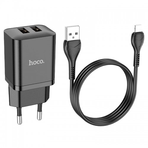 Блок питания сетевой 2 USB HOCO N25, Maker, 2100mA, кабель  8 pin, цвет: чёрный