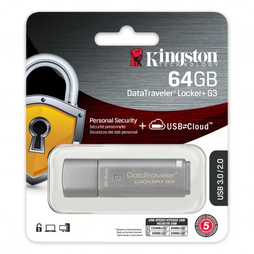 Флеш-накопитель 64Gb Kingston DataTraveler Locker+G3 DTLPG3, USB 3.0, металл