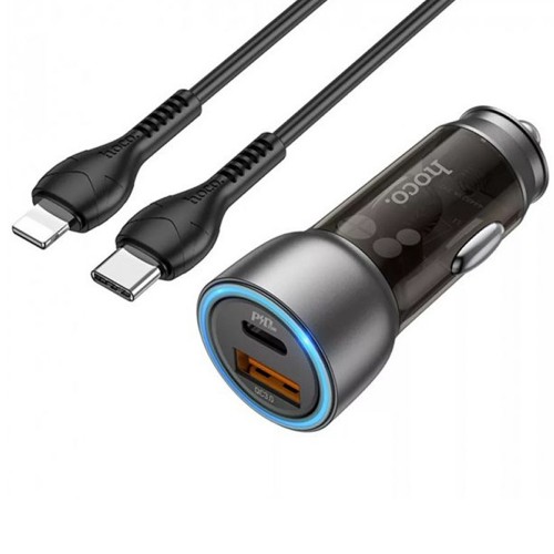 Блок питания автомобильный 1 USB 3.0, Type-C HOCO NZ8, Sprinter, 43Вт, QC3.0, PD, кабель Type-C-8-pin, цвет: коричневый