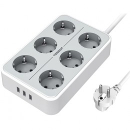 Сетевой фильтр TESSAN TS-303, 2.0м, 6 розеток, 3 USB, цвет: серый
