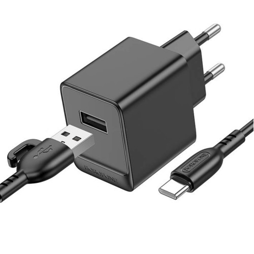 Блок питания сетевой 1 USB Borofone BAS11A, Erudite, 5V/2.1A, кабель USB - Type-C, 1.0м, цвет: чёрный