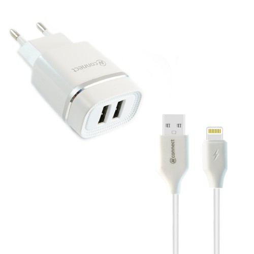 Блок питания сетевой 2 USB AVconnect W010, кабель 8 pin, цвет: белый