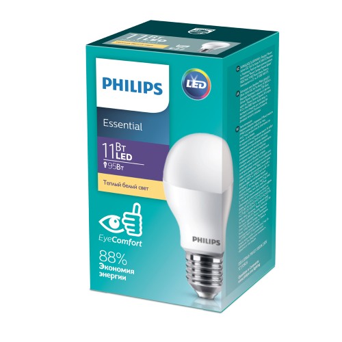 Лампа светодиодная Philips A60, ESS LEDBULB, E27, груша, 11Вт/220-240V/3000К, теплый белый, матовый