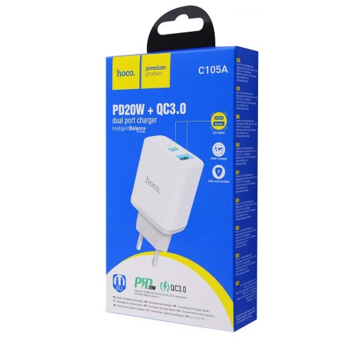 Блок питания сетевой 1 USB, Type-C HOCO C105A, Stage, 20Вт, QC3.0, PD3.0, цвет: белый