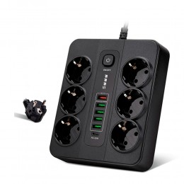 Удлинитель электрический Power Socket BKL-11, 2.0м, 6 розеток, Type-C, 1 USB QC3.0, 4 USB 3,4A, выключатель, PD20W, цвет: чёрный