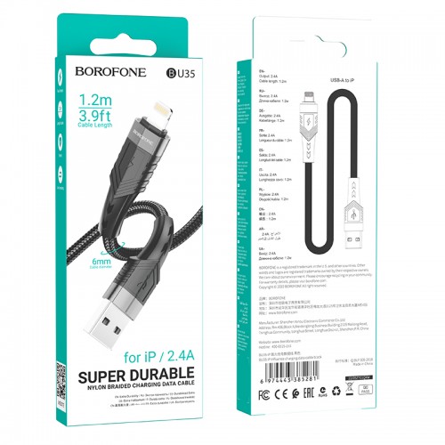 Кабель USB - 8 pin Borofone BU35, 1.2м, круглый, 2.4A, нейлон, цвет: чёрный