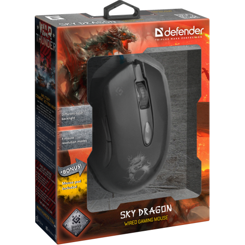 Мышь проводная Defender, Sky Dragon, GM-090L, 3200 DPI, оптическая, USB, 6 кнопок, цвет: чёрный, (арт.52090)