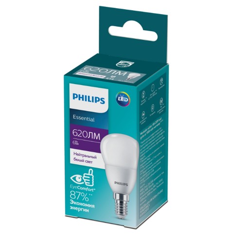 Лампа светодиодная Philips P45, ESS LEDCANDLE, E14, шар, 6Вт/220-240V/4000K, нейтральный белый, матовая