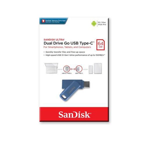 Флеш-накопитель 64Gb SanDisk Ultra Dual Drive, USB 3.1, пластик, Type-C, синий