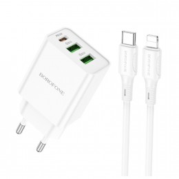Блок питания сетевой 2 USB, 1 Type-C Borofone BA70A, Quick, 20Вт, PD/ QC/ FCP/ AFC, кабель Type-C-8-pin, цвет: белый
