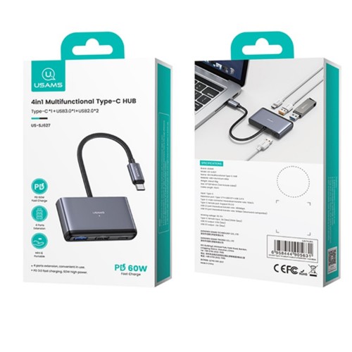 USB-концентратор Usams US-SJ627, 4 гнезда, 2хUSB2.0, USB3.0, Type-C, кабель 0,10м, цвет: серый