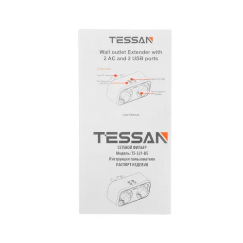 Сетевой фильтр TESSAN TS-321-DE, 2 розетки, 2 USB, чёрный
