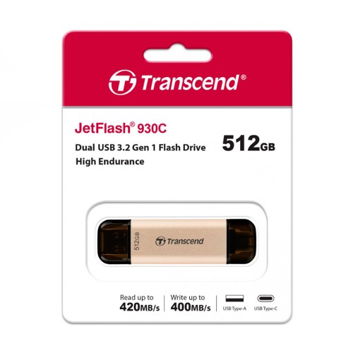 Флеш-накопитель 512Gb Transcend JetFlash 930C, USB 3.2, Type-C, пластик, золотой, чёрный