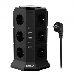 Сетевой фильтр TESSAN TP-VA5U12E, 2.0м, 2.4A, 12 розеток, с заземлением, кнопка питания, 5 USB выхода, цвет: чёрный
