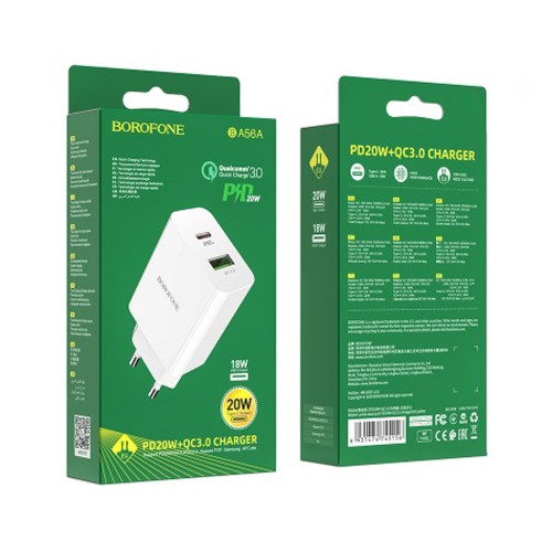 Блок питания Borofone BA56A 1 USB, Type-C, 20Вт, QC3.0, белый
