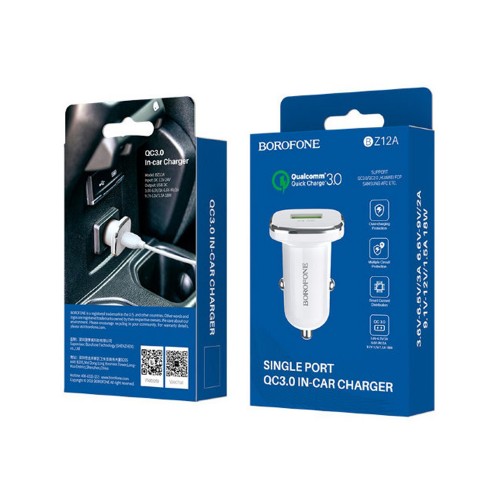 Блок питания автомобильный Borofone BZ12A 1 USB QC3.0, белый
