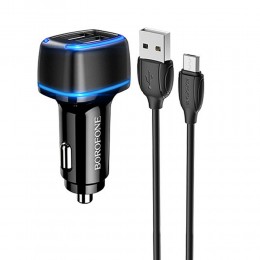 Блок питания автомобильный 2 USB Borofone BZ14, Max, 2400mA, кабель микро USB, цвет: чёрный
