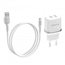 Блок питания сетевой 2 USB Borofone BA25A, 3000mA, кабель Type-C, цвет: белый