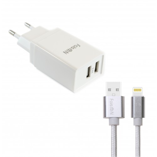 Блок питания сетевой 2 USB FaisON C-17, Square, 2400mA, кабель 8 pin, 1.0 м, цвет: белый