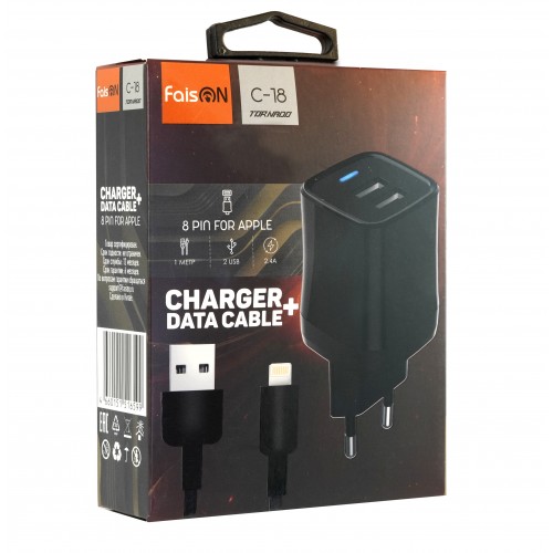 Блок питания сетевой 2 USB FaisON C-18, Tornado, 2400mA, кабель 8 pin, 1.0 м, цвет: чёрный