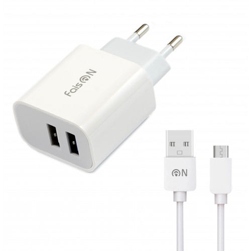 Блок питания сетевой 2 USB FaisON C-27, Serve, 2400mA, кабель микро USB, цвет: белый