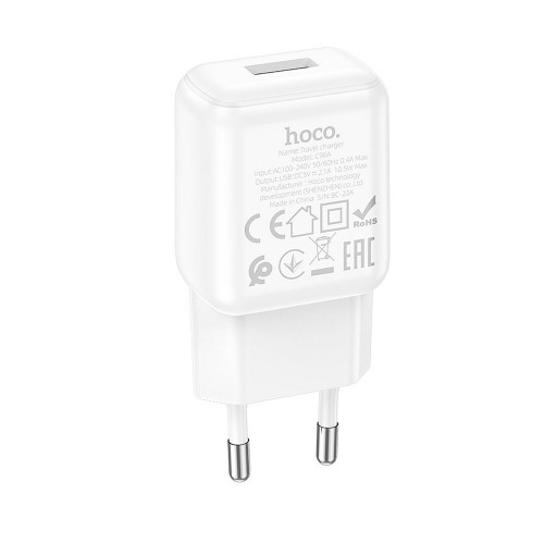 Блок питания сетевой 1 USB HOCO C96A, 2100mA, кабель USB - Type-C, 1.0м, цвет: белый