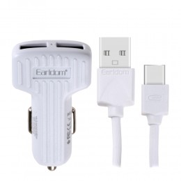 Блок питания автомобильный 2 USB Earldom, ES-130C, 2.4A, пластик, кабель Type-C, цвет: белый