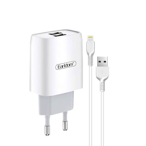 Блок питания сетевой 2 USB Earldom ES-196, кабель 8 pin, цвет: белый