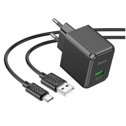 Блок питания сетевой 1 USB HOCO CS12A, Ocean, 18Вт, QC, FCP, AFC, кабель Type-C, цвет: чёрный