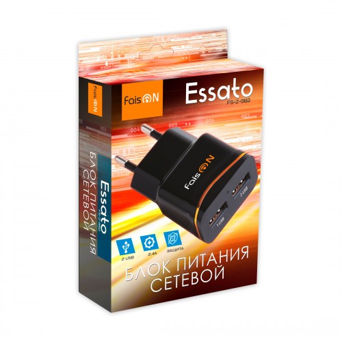 Блок питания сетевой 2 USB FaisON FS-Z-982, Essato, 2400mA, цвет: чёрный