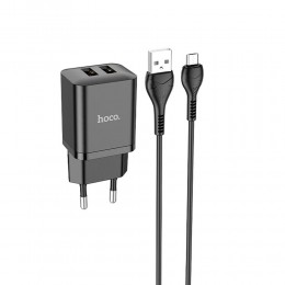 Блок питания сетевой 2 USB HOCO N25, Maker, 2100mA, кабель микро USB, цвет: чёрный