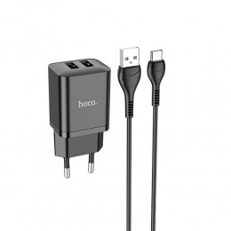 Блок питания сетевой 2 USB HOCO N25, Maker, 2100mA, кабель Type-C, цвет: чёрный