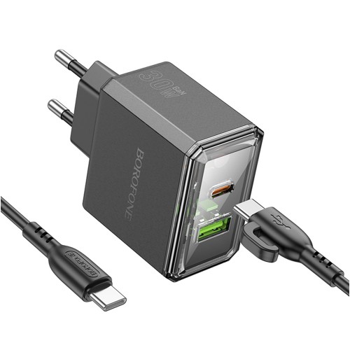 Блок питания сетевой USB, Type-C Borofone BAS32A, Treasure, 5V, 3.0A, 30Вт, PD, QC 3.0, кабель Type-C, Type-C, 1.0м, цвет: черный