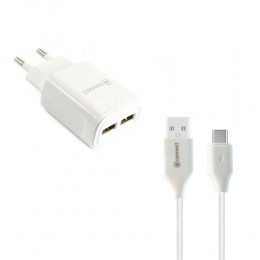 Блок питания сетевой 2 USB AVconnect W009, 2100mA, кабель Type-C, цвет: белый
