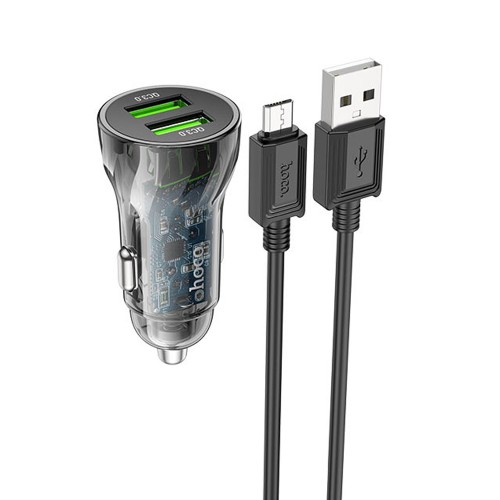 Блок питания автомобильный 2 USB HOCO Z47, Transparent discovery edition, 18Вт, QC3.0, кабель микро USB, цвет: чёрный