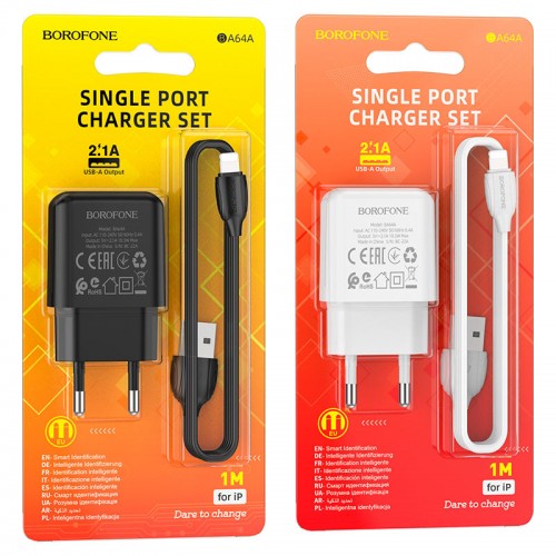 Блок питания сетевой 1 USB Borofone BA64A, 2100mA, кабель 8 pin, 1.0 м, цвет: белый