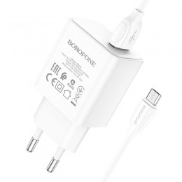 Блок питания сетевой 1 USB Borofone BA66A, 3000mA, 18Вт, QC3.0, кабель USB - микро USB, 1.0м, цвет: белый