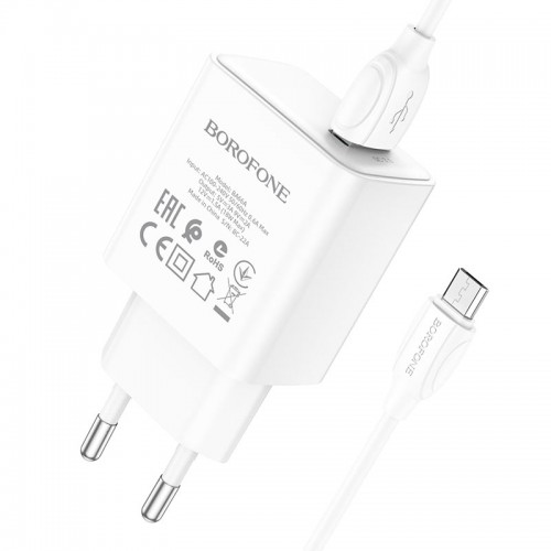 Блок питания сетевой 1 USB Borofone BA66A, 3000mA, 18Вт, QC3.0, кабель USB - микро USB, 1.0м, цвет: белый