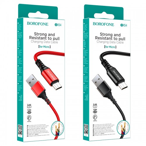 Кабель USB - микро USB Borofone BX54 Ultra bright, 1.0м, 2.4A, цвет: красный, не упакован