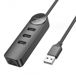 USB-концентратор Borofone DH6, Erudite 4-in-1, 4 гнезда, 3xUSB 2.0, RJ45, кабель USB 1.2м, цвет: чёрный