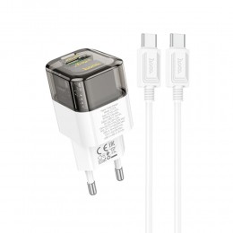 Блок питания сетевой USB, Type-C HOCO C131A, Platinum, PD, QC, FCP, AFC, кабель Type-C 1.0м, цвет: чёрный, прозрачный