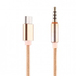 Переходник Type-C(m) - Jack 3,5mm(m) без бренда GL090, 1.0м, круглый, ткань, цвет: золотой
