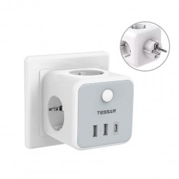 Сетевой фильтр TESSAN TS-301-DE, 2.4A, 3 розетки, с заземлением, кнопка питания, 3 USB выхода, цвет: серый
