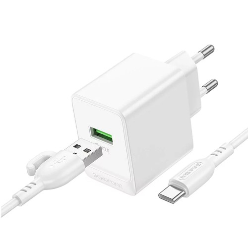 Блок питания сетевой 1 USB Borofone BAS12A, Erudite, 18Вт, QC, FCP, AFC, кабель USB - Type-C, 1.0м, цвет: белый