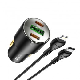 Блок питания автомобильный 2 Type-C, USB HOCO NZ6, 2100mA, QC3.0, PD 45Вт, кабель Type-C, 8-pin, 1.0м, цвет: чёрный